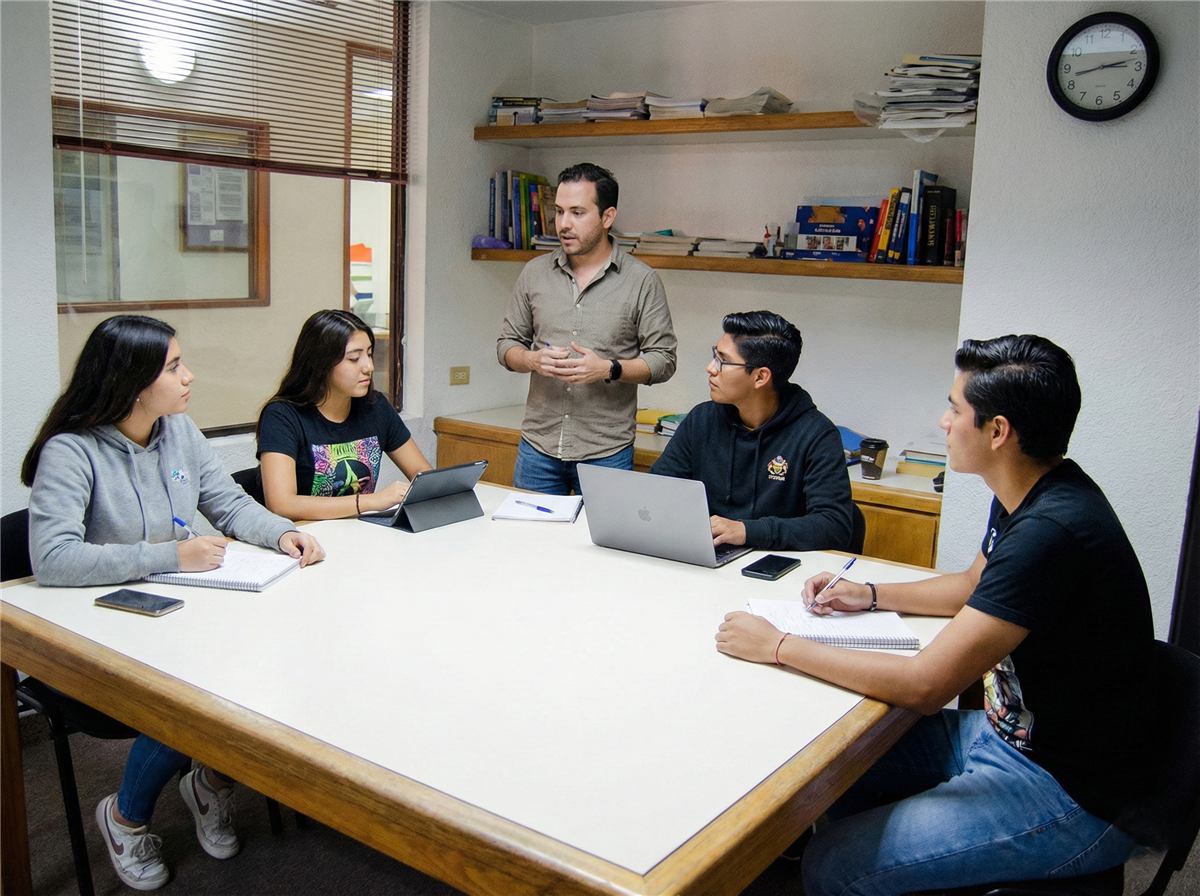 Alumnos practicando conversación en inglés en un salón de Kingston Institute Torreón